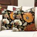 Black Boho Floral Velvet Throw Pillow Covers 18x18 Inch Set of 2 Farmhouse Vintage Cushion Covers Mid Century Modern Botanical Home Decor Pillow Cases for Couch Bed Sofa Living Room, Bedroom (Warm Ember)