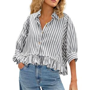 CHYRII Womens Summer Tops Dressy Casual Blouse Top Ruffled Short Sleeve Button Down Striped Shirt (Gray, XL)