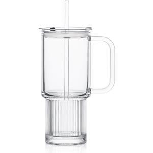 KEMORELA 26oz Ribbed Glass Mug with Handle and Lid  Large Clear Tumbler for Iced Coffee, Tea, Smoothies & Hot Drinks, Reusable Glass Cup with Straw, Dishwasher Safe, Travel Friendly