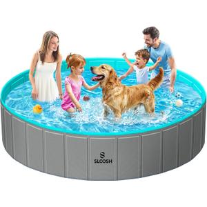 SLOOSH Foldable Dog Kiddie Pool - Portable Hard Plastic Doggie Swimming Pool, Anti-Slip Collapsible Pets Bath Tub Suitable for Kids Toddler Indoor Outdoor Backyard Use (Gray, 71" x 12")