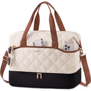 LOVEVOOK Weekender Bags for Women with Shoe Compartment, Lightweight Travel Duffle Bag with Wet Pocket, Hospital Overnight Bags for Women Labor Delivery, Personal Item Carry On Bag for Gym, Sport (35L - Medium, White - Brown)