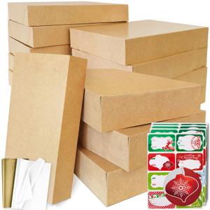 12 Kraft Large Gift Wrap Boxes Bulk with Lids, 12 tissue paper, and 80 Count Foil Christmas Tag Stickers for wrapping oversized Clothing (Robes, sweaters, Coat, Shirts) and Christmas Holiday Present