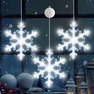 LYUBASA 3Pack Christmas Window Lights Decorations with Timer, Battery Powered Christmas Hanging White Lighted Snowflake Shaped LED Sucker for Xmas Lamp Tree Fireplace Indoor Decor