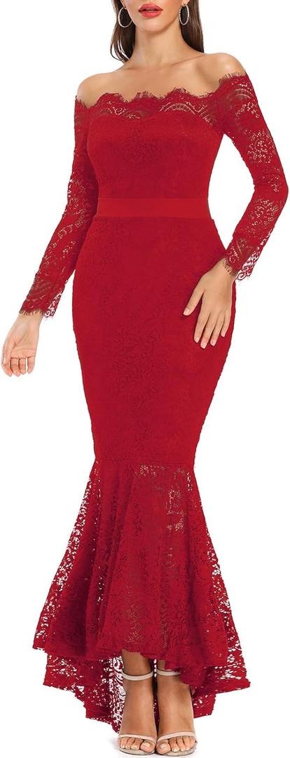 LALAGEN Women's Floral Lace Long Sleeve Off Shoulder Wedding Mermaid Dress (Medium, Red)