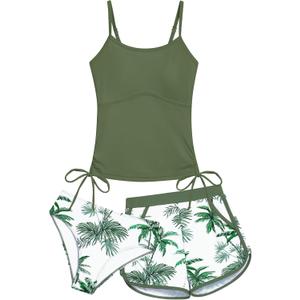 Girls Swimsuit 3 Piece Tankini Girls Swimwear Swim Shorts with Pockets Bathing Suit for Teen Girls  (11-12 Years, Green Coconut)