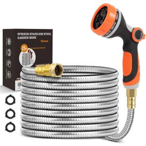 Metal Garden Hose 25ft Copper Bullet, Heavy Duty Stainless Steel Water Hose with 10 Function Sprayer Nozzle, Leaf-Proof Kink Free Lightweight for Outdoor,Yard,Lawn,Patio, Car