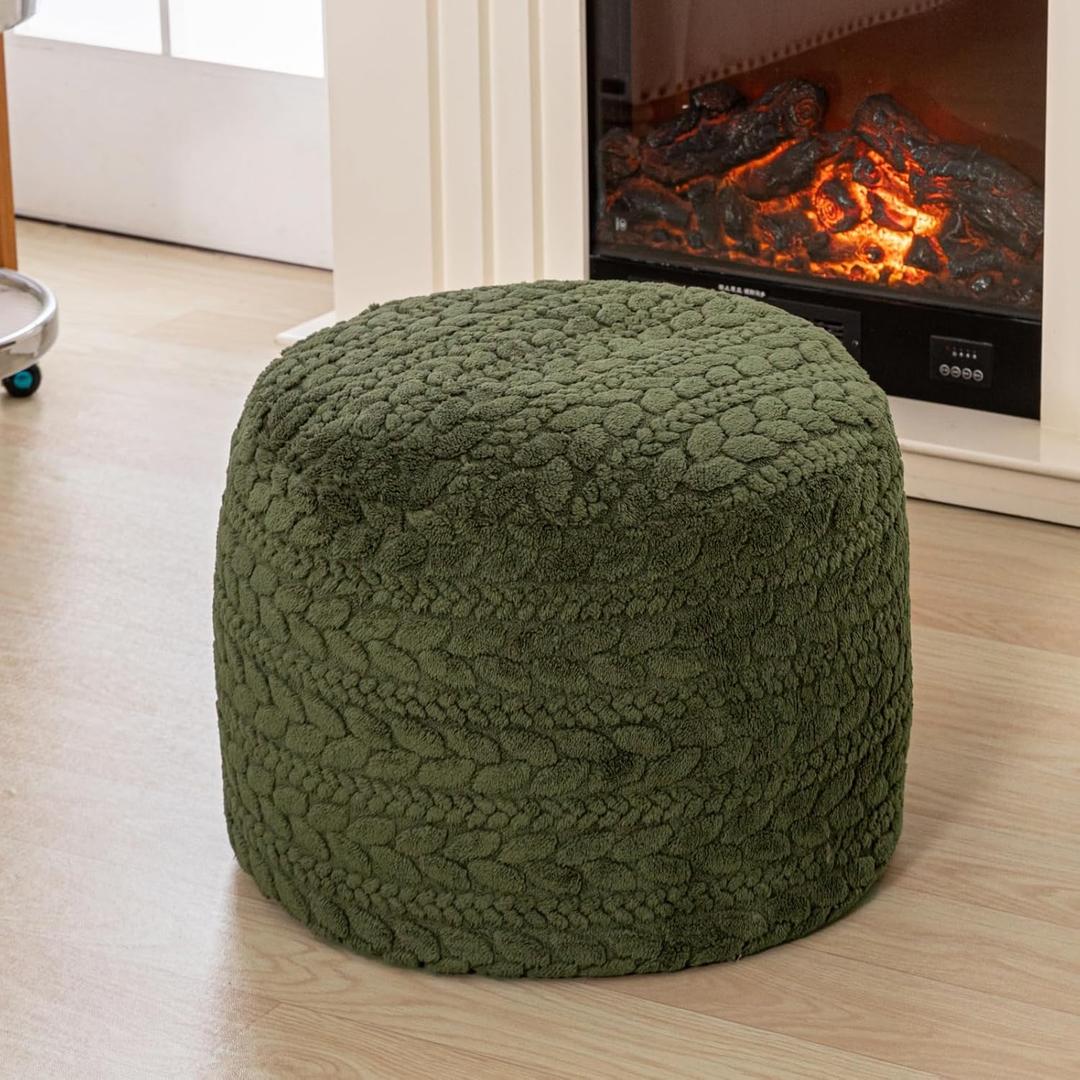 Unstuffed Ottoman Pouf Cover  Round Faux Fur Footstool Plush Floor Pouf (No Filler Included) Perfect for Living Room, Bedroom, or Office Lounge (Green, 20x20x15 in)