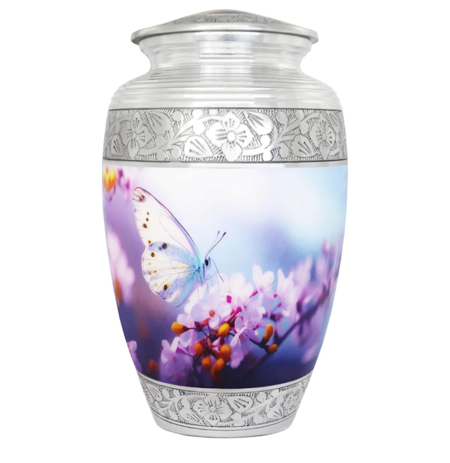 Urn for Ashes for Women or Man, Cremation Urns for Human Ashes Adult Female and Male, Funeral Decorative Urns, Burial Urn, Hand Engraving, Blue Butterfly & Pink Flower - Large Full Size