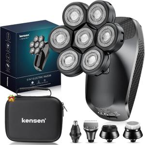 7D Head Shavers for Bald Men - 5 in 1 kensen Electric Head Hair Shaver, Christmas Gift Head Electric Razor with Nose Hair & Beard Trimmer Cordless IPX6 Waterproof Wet Dry LED Display Travel Case (Black)