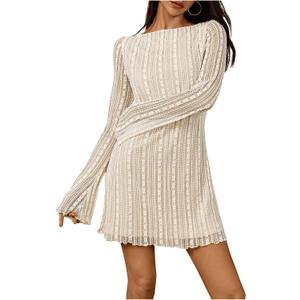 SOLY HUX Women's Lace Mini Dress Boat Neck Long Sleeve Lettuce Trim Bodycon Dresses (Large, Pure Apricot)