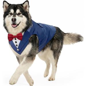 AVERYDAY 2 Pcs Dog Tuxedo & Bandana Set, Dog Suit Costume with Bowtie for Wedding Outfit, Pet Tux Harness with Leash Ring for Party Birthday Christmas, Formal Wear Large Breed