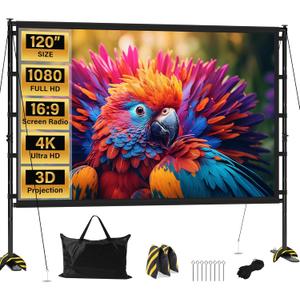 Outdoor Projector Screen with Stand 120 Inch, 16:10 4K HD Portable Projector Screen Indoor, Movie Screen with Carry Bag, Sandbags, Projection Screen for Backyard, Camping, Home Theater