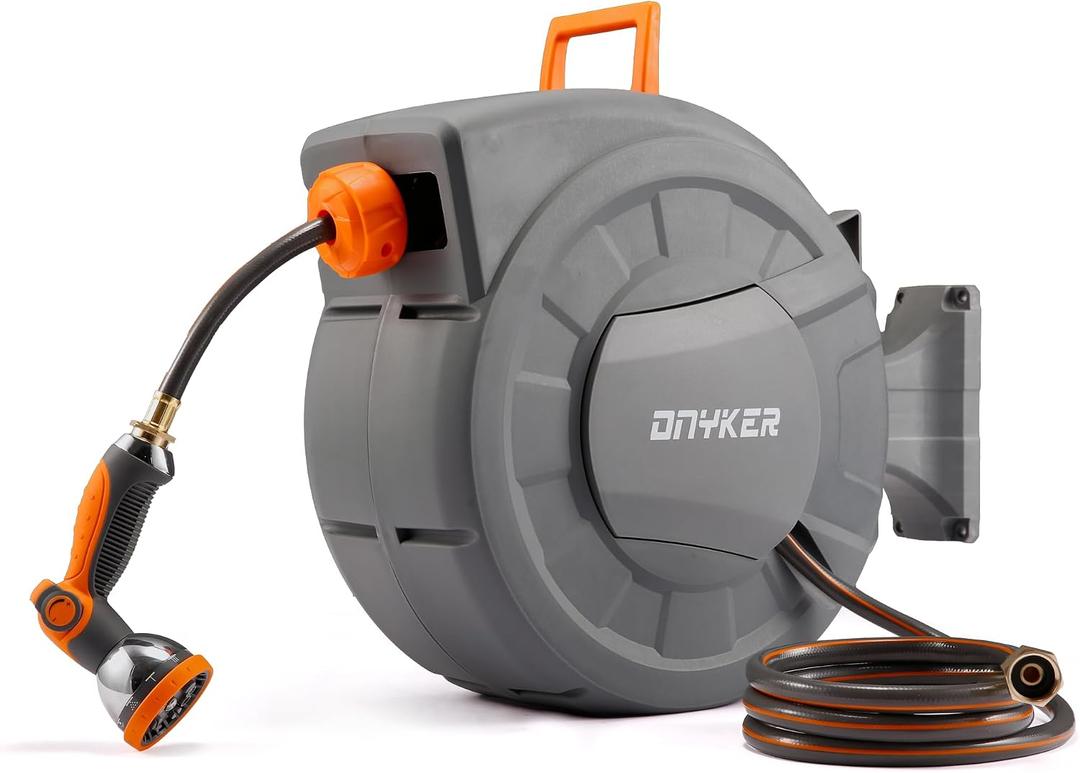 Retractable Garden Hose Reel, 1/2 inch x 65 ft Water Hose Reel Wall Mounted, Any Length Lock, Slow Auto-Rewind, 180Swivel Bracket & 10 Pattern Nozzle