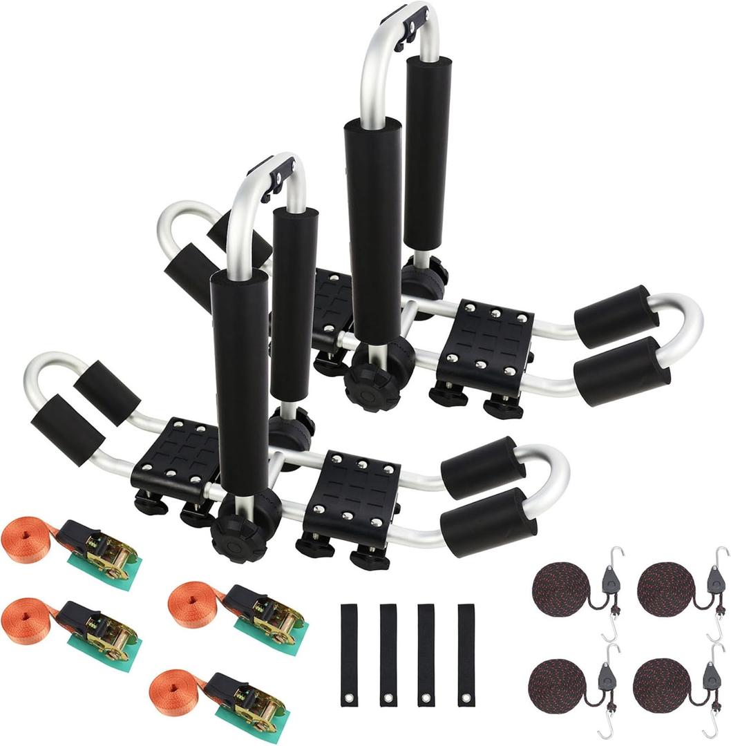 Kayak Roof Rack 2-in-1 Aluminum Folding J Bar Roof Carrier Rack-Includes 8 Pcs Ratchet Tie and 4 Pcs Anchor Strap-Mount on SUV, Car,Truck Roof Top Crossbar-Easy to Carry 2 Kayaks/Canoes/Surf, 2Pack