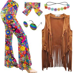 ATAMET 5 Pcs 60s 70s Hippie Costume Disco Outfits Fringe Vest Boho Bell Bottoms Peace Accessories Set Halloween for Women (X-Large, Brown)