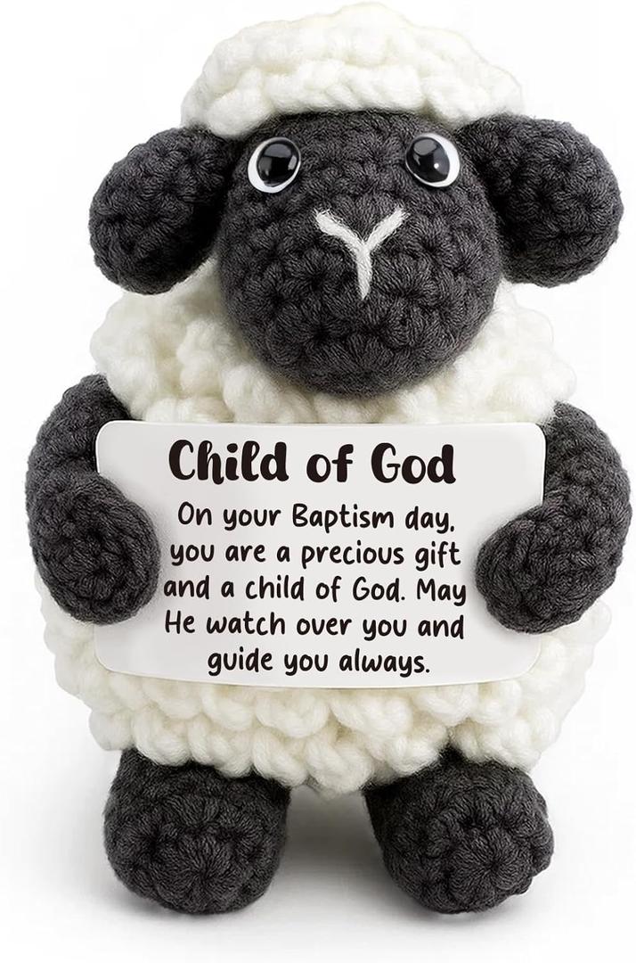 Handmade Crochet Little Black Sheep Baptism Gift for Boy or Girl - Sentimental Christening Keepsake with Child of God Blessing Card - Religious Nursery Decor for Goddaughter, Godson