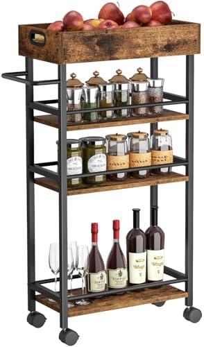 Asgolion Slim Storage Cart, 4 Tier Rolling Cart with Handle, Rolling Carts with Wheels, Metal Frame Narrow Cart for Small Spaces for Kitchen, Dining Room, Bathroom, Laundry Room, Office