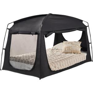 Black Indoor Privacy Queen Size Bed Tent for Adults, 3 Doors Sleeping Blackout 90% Canopy Tents with Breathable Mesh Windows, Large Space
