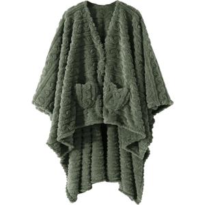 Mowkim Wearable Blanket Sherpa Fleece Shawl Blanket with Pockets for Adults Women and Men, Cozy Shawl TV Throw Blankets (Green, 58'' x 64'')
