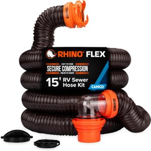 Camco RhinoFLEX 15' RV Sewer Hose Kit  Includes 4-in-1 Adapter, Clear Elbow, & Caps  Connects to 3 Slip & 3, 3 1/2, 4 NPT Threaded Sewer Connections (39770)