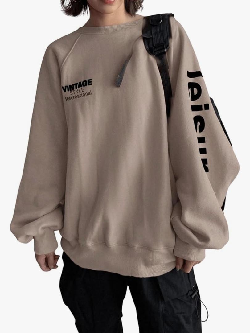 WDIRARA Women's Letter Graphic Oversized Sweatshirt Vintage Long Sleeve Pullover Tops XL