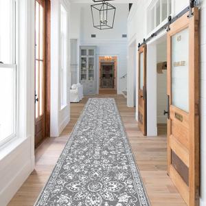 Pauwer Vintage Floral 2x10 Runner Rug Non-Slip Non-Shedding Hallway Rug Runner Soft Machine Washable Carpet Runner Low-Pile Floor Carpet for Entryway Laundry Room Bedroom Kitchen(Grey,2x10Ft)