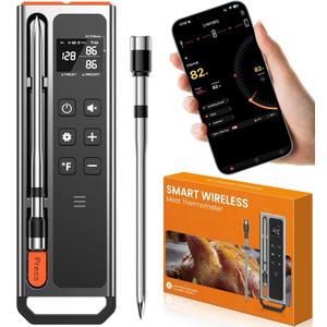 Wireless Meat Thermometer Digital-5.3 Bluetooth for Stable 800ft APP Control (iOS&Android), 10mins Charge for 24H Use Meat Probe, Accuracy 0.5F, Instant Read Meat Thermometer for BBQ, Grill, Oven