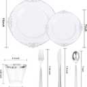 Nervure 600PCS Silver Plastic Dinnerware - White and Silver Disposable Plates for 100 Guests - 200 Disposable Plates, 300 Plastic Silverware and100 Cups for Wedding & Party