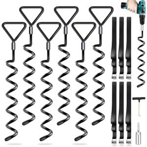Trampoline Stakes Ground Anchors Screw in, Trampoline Anchors with Strong Straps, Spiral Earth Swing Set Anchor Heavy Duty for Trampolines(Black-6Pack)