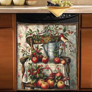 Generic Vintage Red Apples Dishwasher Magnet Cover, Red Cherry Fruits Bird Decorative Refrigerator Magnetic Sticker, Old Wood Chair Washer Machine Fridge Panel Decal for Kitchen Appliance 23x26 (Magnet: 23Wx26H inch, 12.03ds-stck-07)