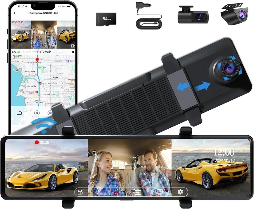3 Channel Mirror Dash Cam, Aprilboy 12" Triple Rear View Mirror with Front 4K, Inside and Rear 1080P Cameras with 5.8GHz WiFi, G-Sensor, Night Vision, Reverse Assist, Parking Monitoring