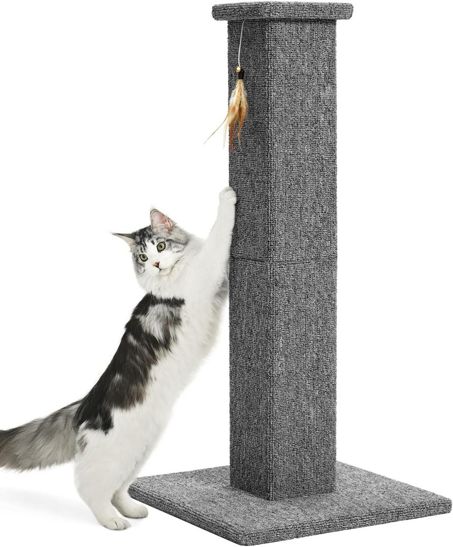 Made4Pets Cat Scratching Post, 32 Inch Carpet Covered Cat Scratcher with Kitten Toy, Tall Scratching Post for Indoor Cats Adults and Kittens, Grey