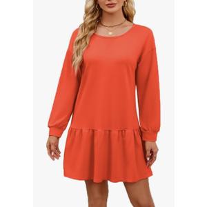Womens 2025 Fall Long Sleeve Pullover Tops Crewneck Rib Knit Patchwork Sweatshirt Dress, Ruffle Casual Cute Mini Dresses,Large, Orange 