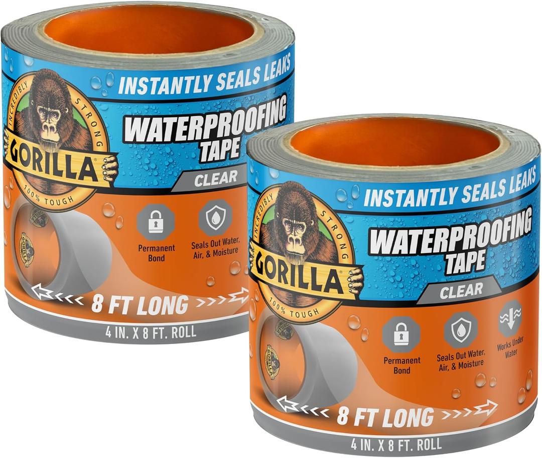 Gorilla Waterproof Patch & Seal Tape, Clear Tape, 4" x 8' (Pack of 2) - Permanent Weather Resistant Seal for Leaks and Repairs
