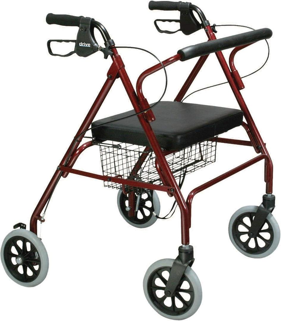 Drive Medical 10215RD-1 Bariatric Foldable Rollator Walker with Seat, Red
