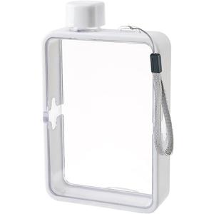 MiOYOOW Square Flat Water Bottle, Portable Transparent Sports Water Cup Reusable Memo Paper Bottles for Outdoor Travel Fitness Gym (White)