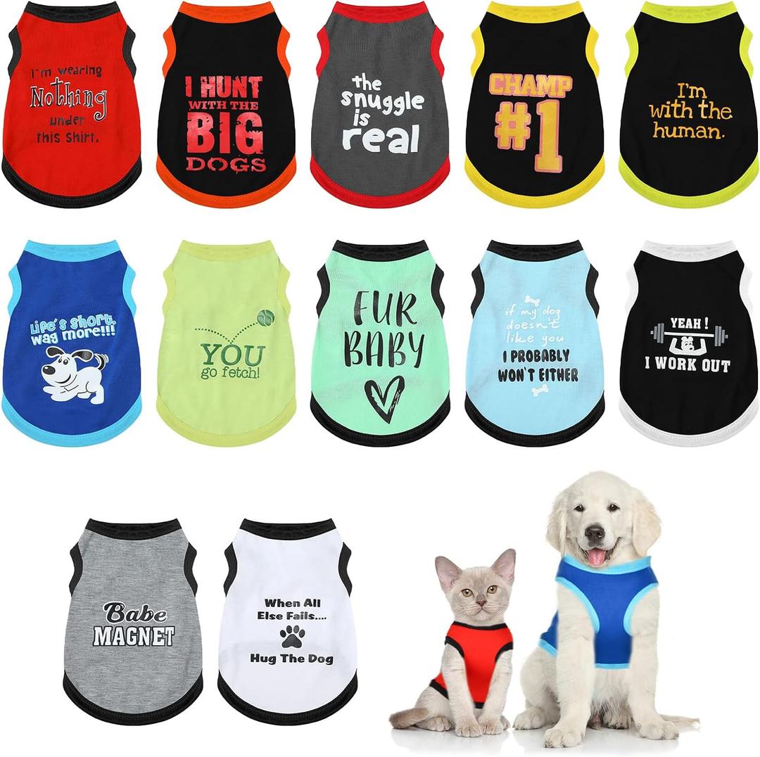 BBTO 12 Pieces Dog Shirts Pet Printed Clothes with Funny Letters Summer Pet T Shirts Cool Puppy Vest Breathable Dog Outfit Soft Cat Sweatshirt for Chihuahuas Cats Accessories, 12 Styles(Medium)