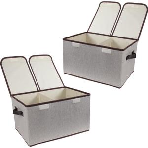 Foldable Fabric Storage Box with Double-Lid & Dividers, Large Organizer for Home, Closet, Office (Grey, 2 Packs)