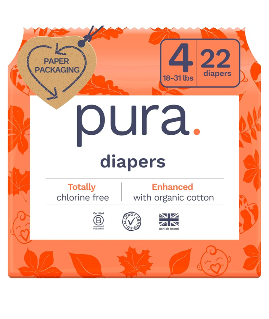 Pack of 6, Pura Size 4 Eco-Friendly Diapers (18-31lbs) Totally Chlorine Free (TCF) Hypoallergenic, Soft Organic Cotton, Sustainable Comfort, up to 12 Hours Leak Protection, Allergy UK, 22 Diapers.