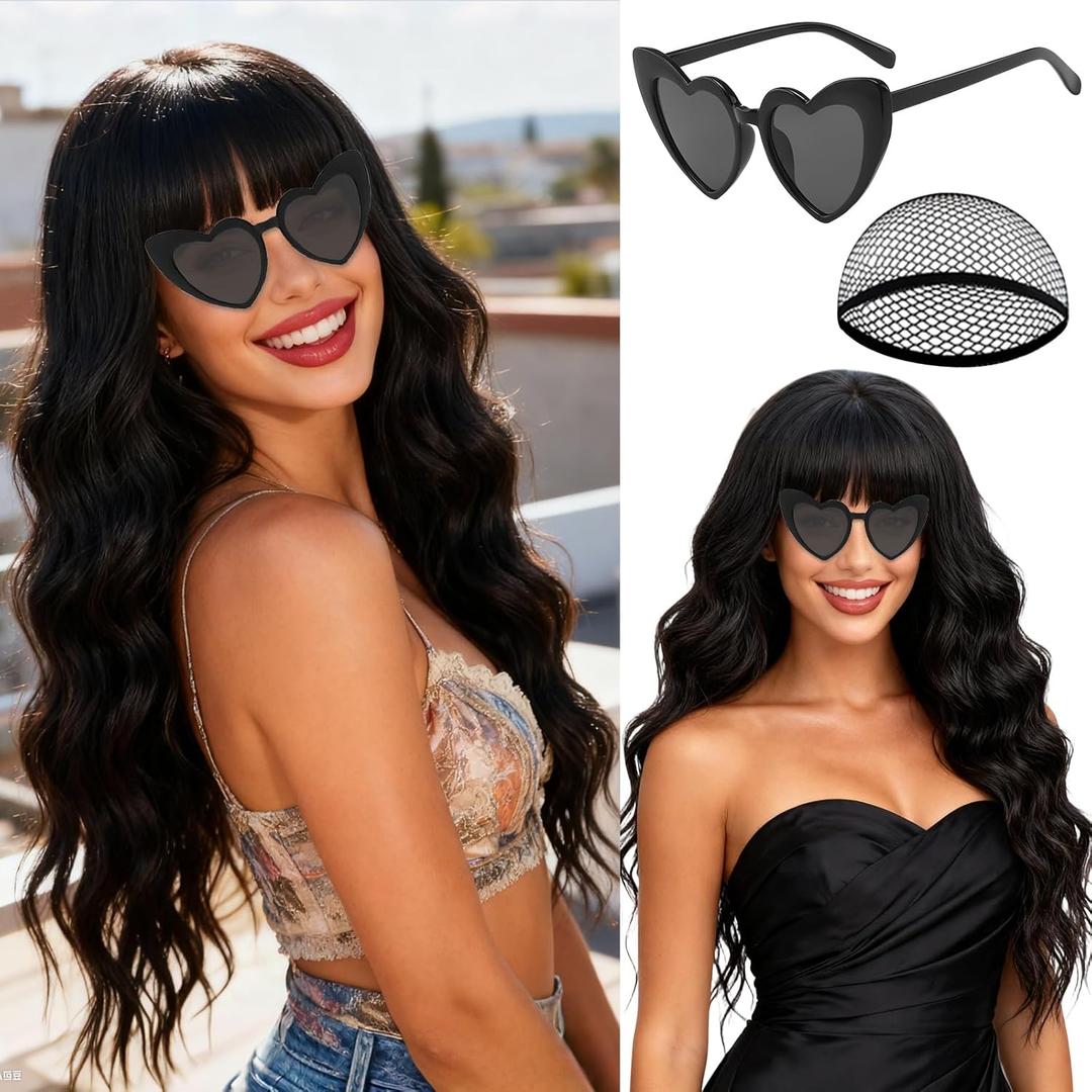 PLULON Black Wavy Wig with Bangs for Women, Long Wavy Curly Wigs with Hair Cap Heart-Shaped Sunglasses Heat Resistant Synthetic Curly Hair Natural Looking for Girls Cosplay Bachelor Party Daily Use