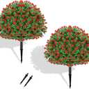 24 Artificial Boxwood Topiary Ball Tree with Rose - Set of 2 Artificial Shrub Bushes with Ground Spike, Keep Evergreen, Fake Plants for Garden Porch Countyard Patio Valentine's Day Decor