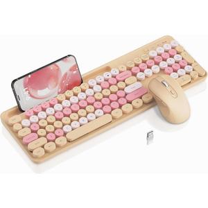 Wireless Keyboard and Mouse Combo, Retro Round Keycaps, Cute Full-Size Typewriter Keyboard with Phone Holder, Sleep Mode, Click Soft, 2.4GHz Cordless Connection for Windows/PC/Laptop (Latte-Colorful)