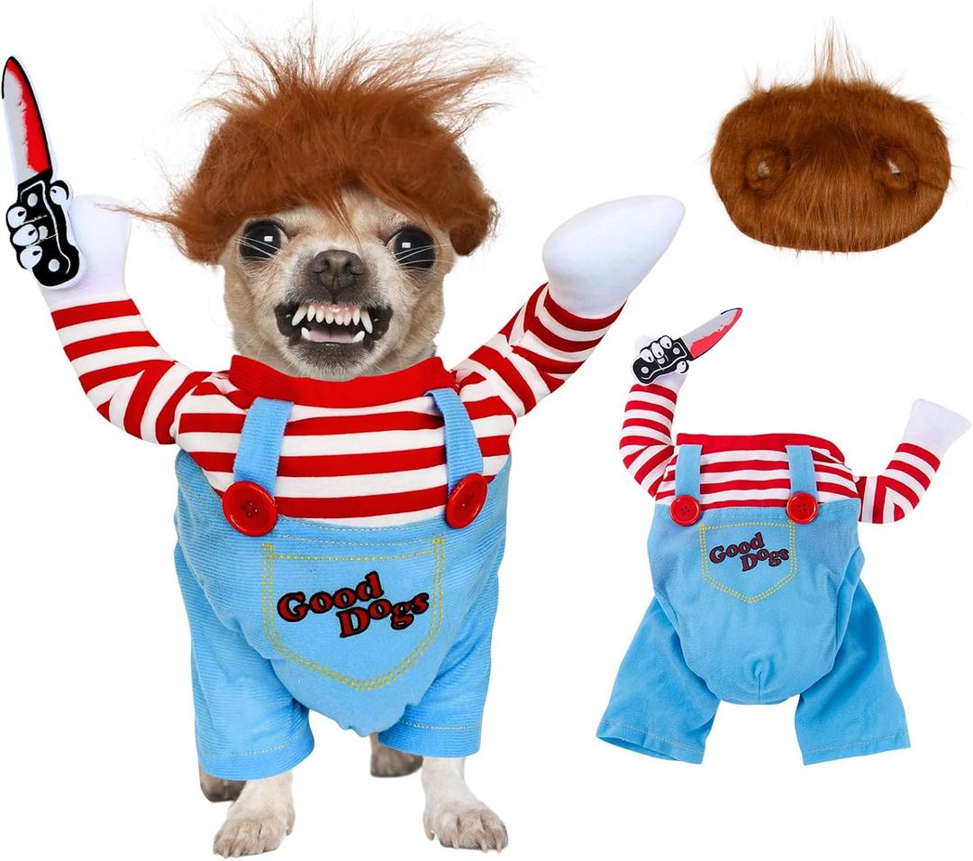 Pet Deadly Doll Dog Costume for Dogs and Cat, Pet Hallowen Cosplay Costume with Knife, Funny Scary Dog Clothes Party for Small Medium Large Dogs