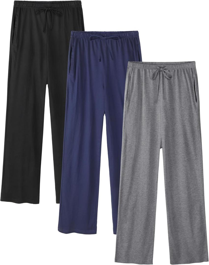 Wenouy 3 Pack Womens Cotton Pajama Pants Lightweight Soft Loose Casual Lounge Pants Pajama Bottoms PJ Sleepwear with Pockets (Large, Black, Navy Blue, Light Grey)