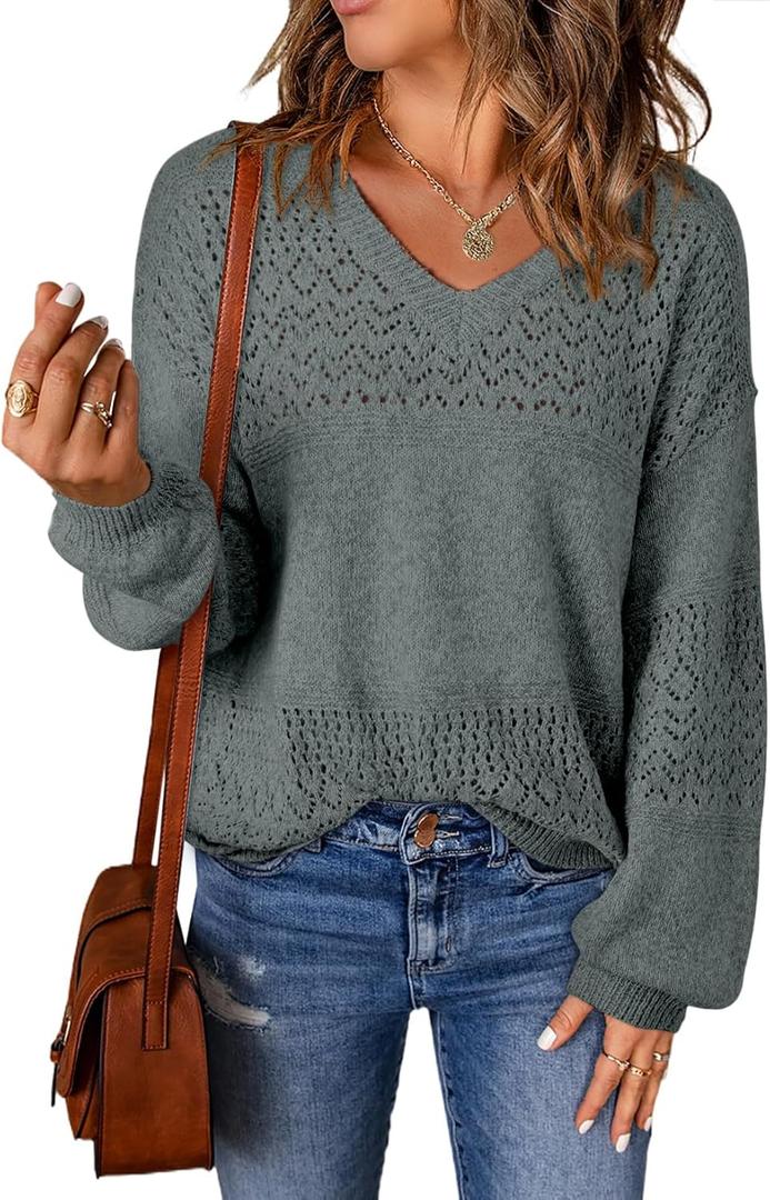 SHEWIN Womens Sweaters Casual Long Sleeve V Neck Lightweight Crochet Pullover Sweater Tops (Large, B Mist Green)