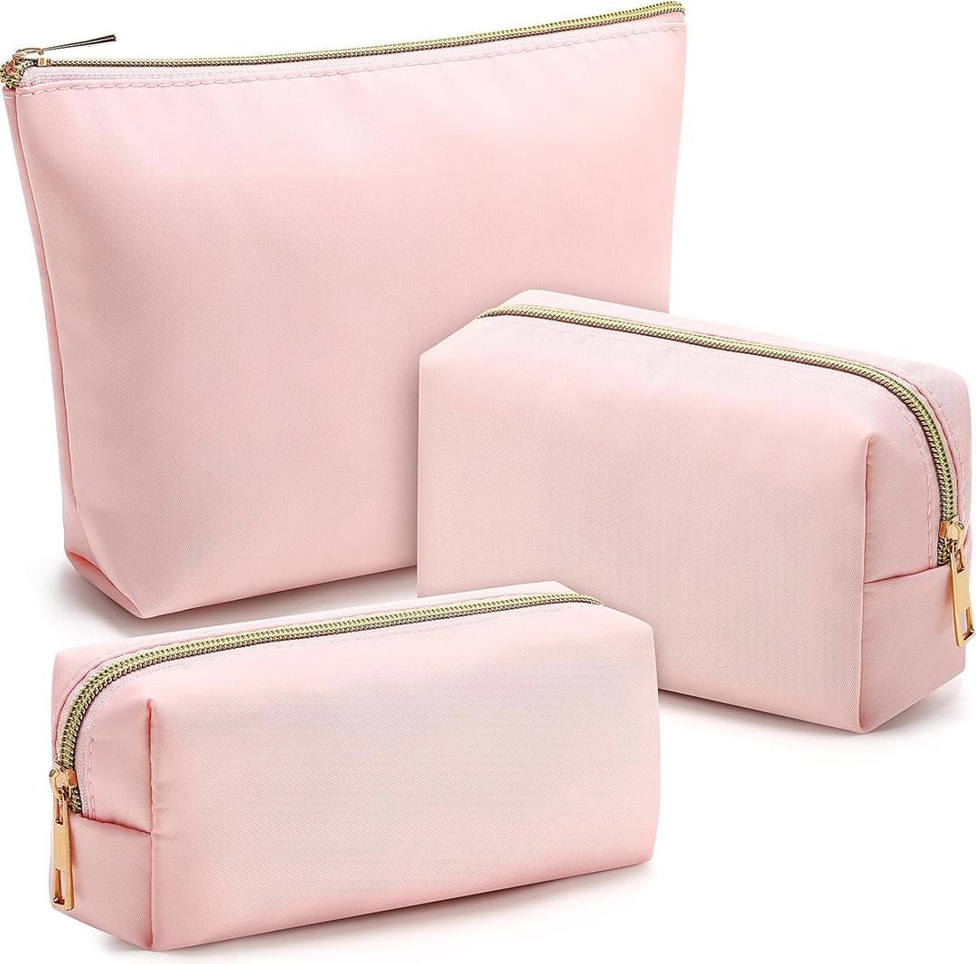 Kigeli 3 Pcs Nylon Makeup Bag Set for Women Aesthetic Cosmetic Bag with Interior Pocketes Preppy Cute Purse Pouch Makeup Brushes Storage Organizer for Travel(Pink)