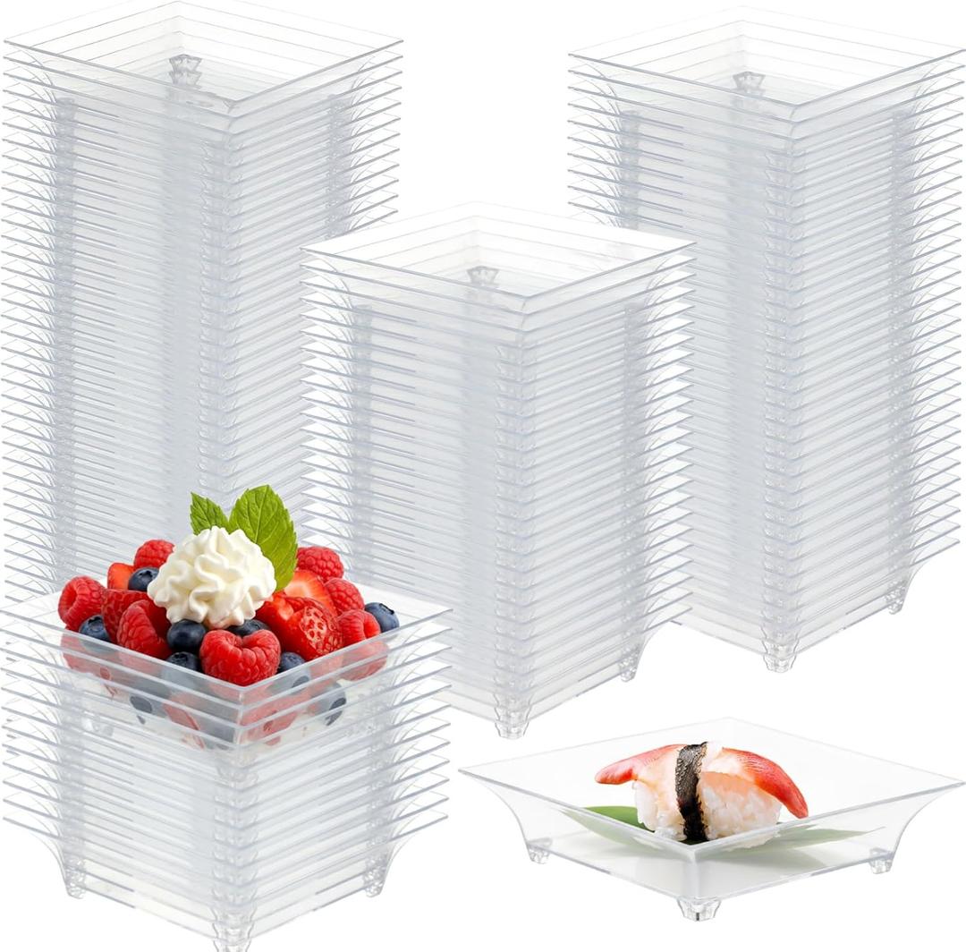100 Pcs Mini Appetizer Plates Bulk 1 oz 2.4 Inch Square Plastic Dessert Plates Disposable Appetizer Tray for Wedding Shower Salad Cake Afternoon Tea Birthday Party (Clear)