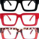 REAVEE 3 Pack Reading Glasses for Women Men, Blue Light Blocking Readers Stylish Square with Spring Hinge