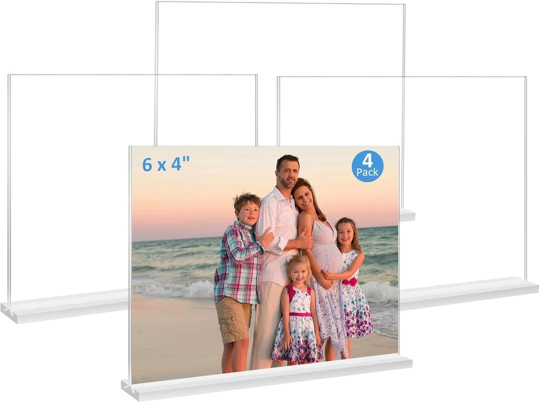 Acrylic Picture Frame 4x6 inches, 4 Pack Clear Plastic Picture Frames Holder Standing,Double Sided Picture Desktop Display for Photo Home Office - Horizontal