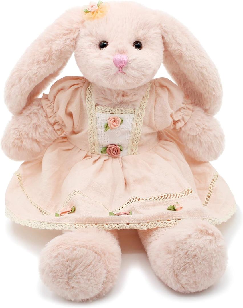 Oits cute Small Soft Stuffed Animal Bunny Rabbit Plush Toy for Baby Girls 15inch (Pink Rabbit Wearing Pink Vintage Dress)